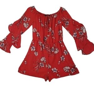 Heart Soul~Size L~Red White Blue Print Floral Long Sleeve Romper NWT